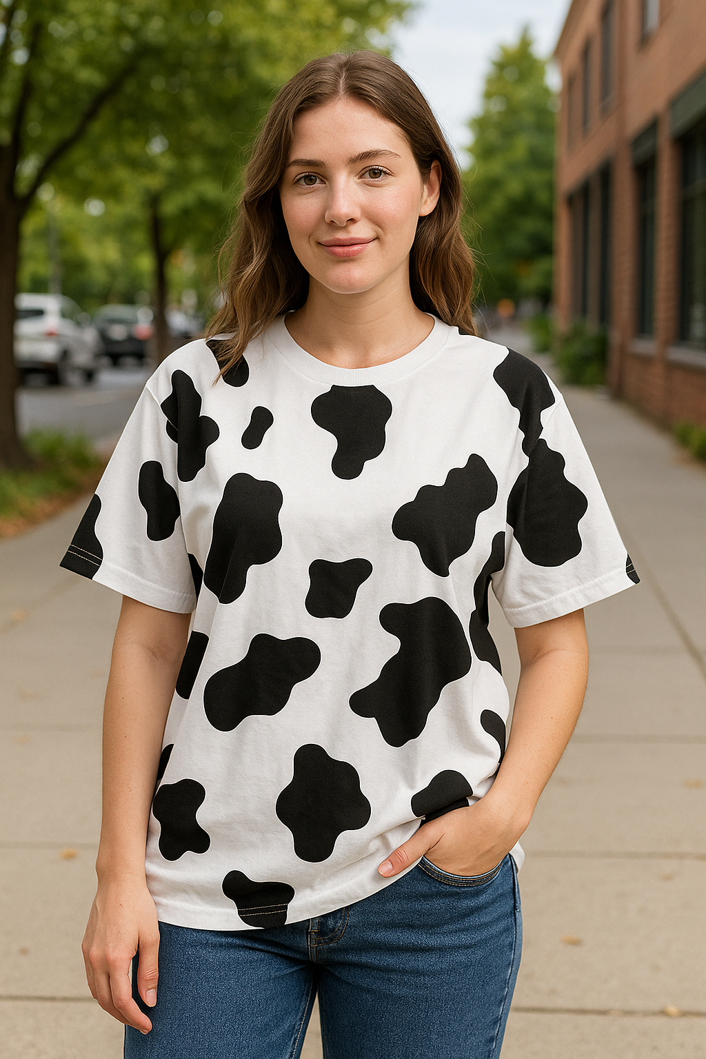 T-shirt imprimé vache – Design animalier peint à la main – Pièce unique