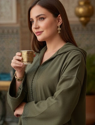 Djellaba Marocaine Moderne en Vert Olive avec Broderies Artisanales "Mâalam"